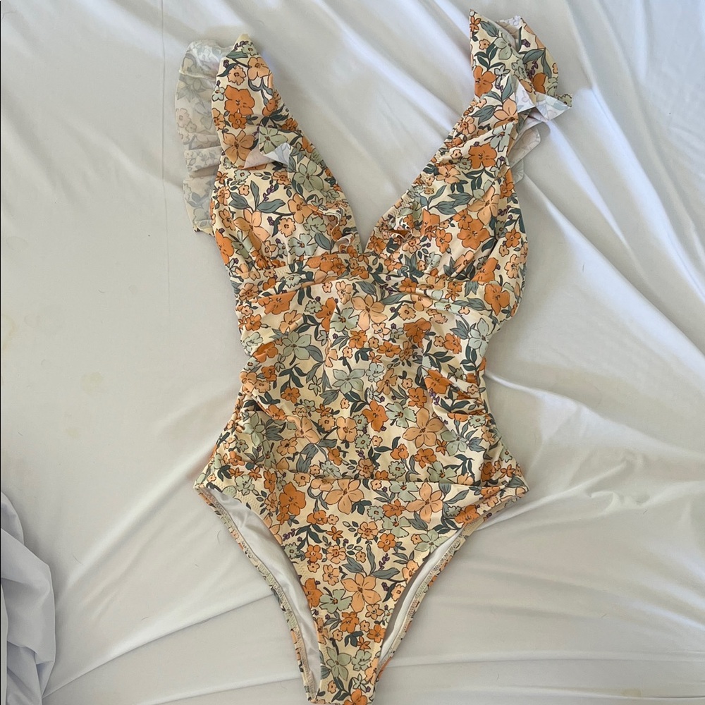 Cupshe Floral One Piece Swimsuit - Orange and Cream